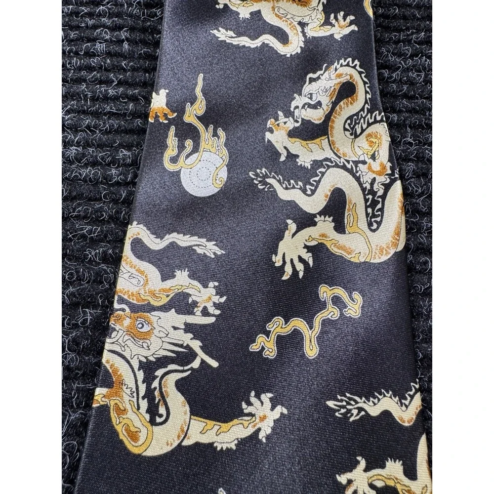 Kai Long Mens Silk Tie Black Gold Chinese Dragon 100% Silk Handmade